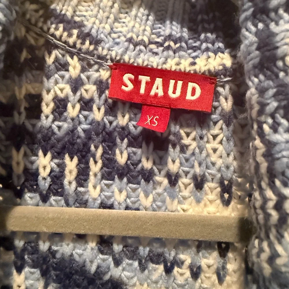 STAUD Blue and White Heavy Knit Sweater Sz XS pockets tie belt - Picture 2 of 9